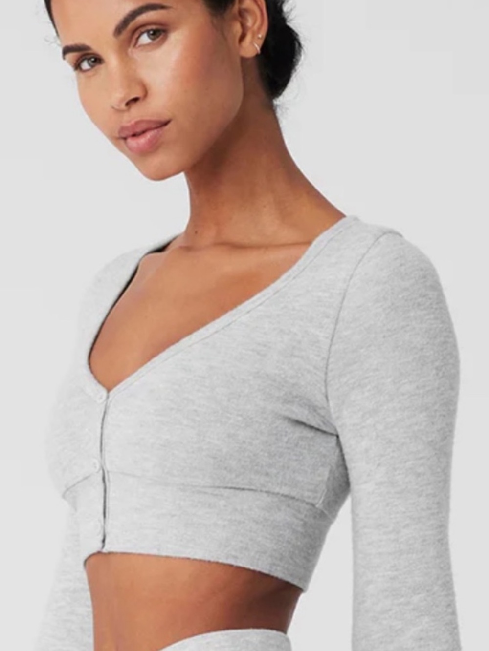 ALO Heather Gray Cropped Button-Front Long Sleeve Top